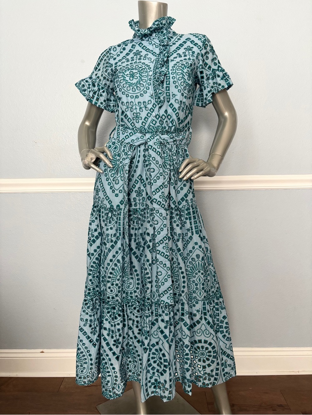 Abbey Glass Dress Sadie Eyelet Ruffle Sleeve Tie Tiered A-Line Midi Nwt XS